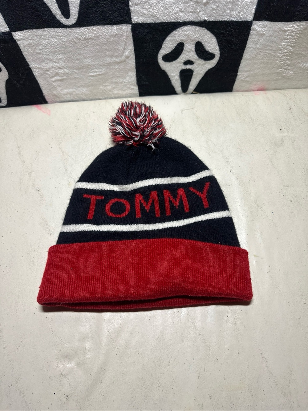 Tommy Hilfiger Knit Pom Beanie in Navy & Red
